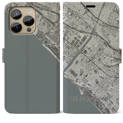 【検見川浜（千葉県）】地図柄iPhoneケース（手帳タイプ）モノトーン・iPhone 14 Pro Max 用