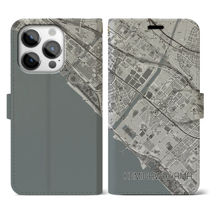 【検見川浜（千葉県）】地図柄iPhoneケース（手帳タイプ）モノトーン・iPhone 14 Pro 用