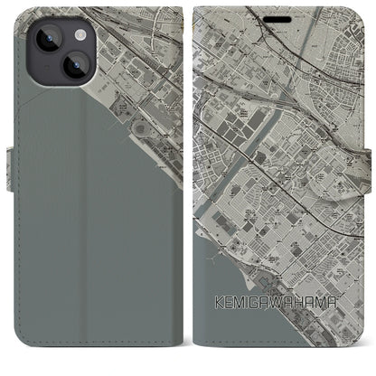 【検見川浜（千葉県）】地図柄iPhoneケース（手帳タイプ）モノトーン・iPhone 14 Plus 用