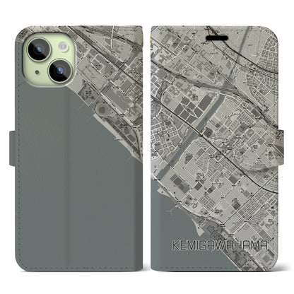 【検見川浜（千葉県）】地図柄iPhoneケース（手帳タイプ）モノトーン・iPhone 15 用