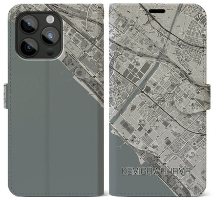 【検見川浜（千葉県）】地図柄iPhoneケース（手帳タイプ）モノトーン・iPhone 15 Pro Max 用