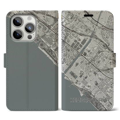 【検見川浜（千葉県）】地図柄iPhoneケース（手帳タイプ）モノトーン・iPhone 15 Pro 用