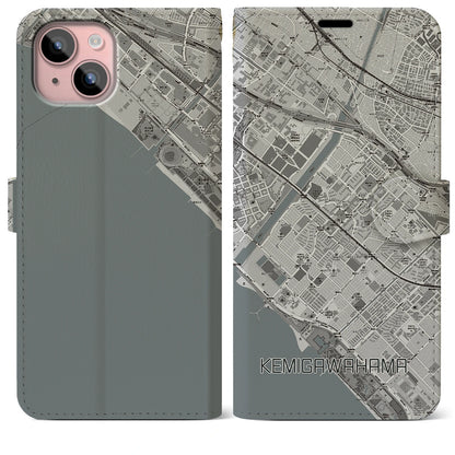 【検見川浜（千葉県）】地図柄iPhoneケース（手帳タイプ）モノトーン・iPhone 15 Plus 用