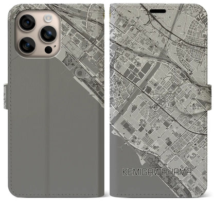 【検見川浜（千葉県）】地図柄iPhoneケース（手帳タイプ）モノトーン・iPhone 16 Plus 用