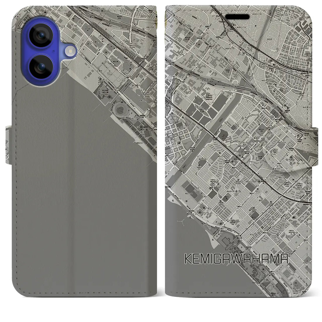 【検見川浜(千葉県)】地図柄iPhoneケース(手帳タイプ)モノトーン・iPhone 16 Pro Max 用