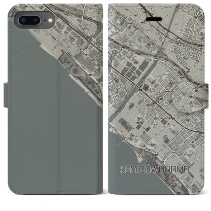 【検見川浜（千葉県）】地図柄iPhoneケース（手帳タイプ）モノトーン・iPhone 8Plus /7Plus / 6sPlus / 6Plus 用