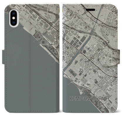 【検見川浜（千葉県）】地図柄iPhoneケース（手帳タイプ）モノトーン・iPhone XS Max 用