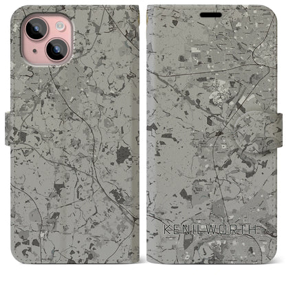 【ケニルワース（イギリス）】地図柄iPhoneケース（手帳タイプ）モノトーン・iPhone 15 Plus 用