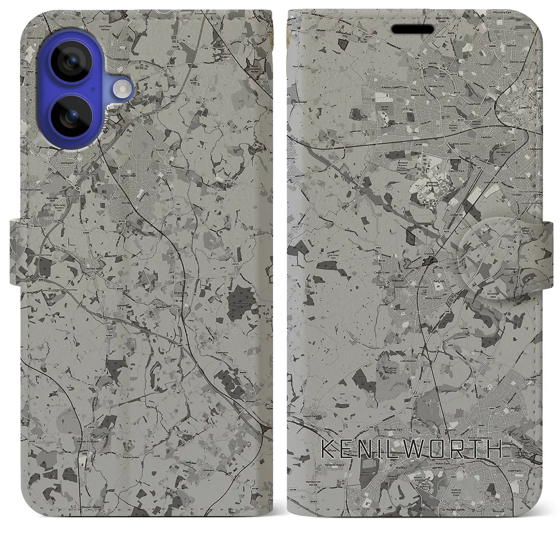 【ケニルワース(イギリス)】地図柄iPhoneケース(手帳タイプ)モノトーン・iPhone 16 Pro Max 用