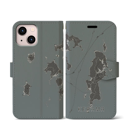 【慶良間（沖縄県）】地図柄iPhoneケース（手帳タイプ）モノトーン・iPhone 13 mini 用