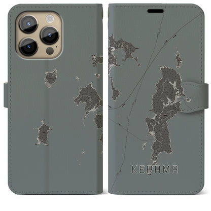 【慶良間（沖縄県）】地図柄iPhoneケース（手帳タイプ）モノトーン・iPhone 14 Pro Max 用