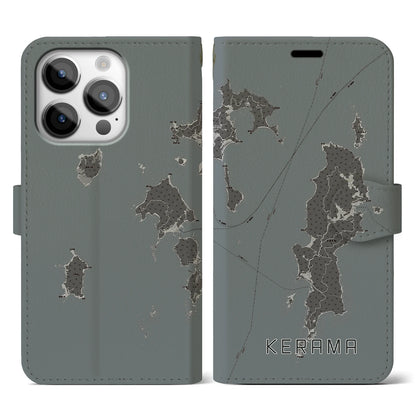 【慶良間（沖縄県）】地図柄iPhoneケース（手帳タイプ）モノトーン・iPhone 14 Pro 用