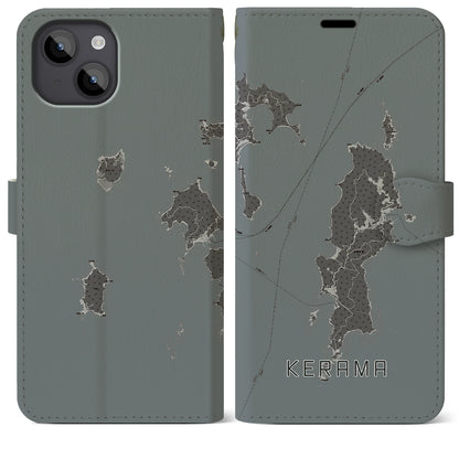 【慶良間（沖縄県）】地図柄iPhoneケース（手帳タイプ）モノトーン・iPhone 14 Plus 用