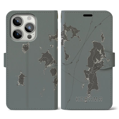 【慶良間（沖縄県）】地図柄iPhoneケース（手帳タイプ）モノトーン・iPhone 15 Pro 用