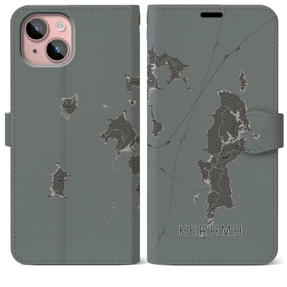 【慶良間（沖縄県）】地図柄iPhoneケース（手帳タイプ）モノトーン・iPhone 15 Plus 用