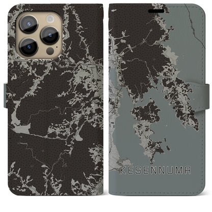 【気仙沼（宮城県）】地図柄iPhoneケース（手帳タイプ）モノトーン・iPhone 14 Pro Max 用