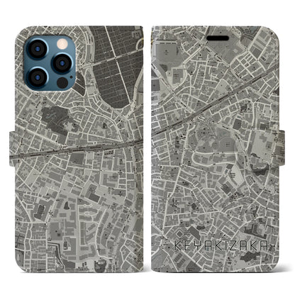 【けやき坂（東京都）】地図柄iPhoneケース（手帳タイプ）モノトーン・iPhone 12 / 12 Pro 用