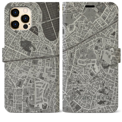 【けやき坂（東京都）】地図柄iPhoneケース（手帳タイプ）モノトーン・iPhone 12 Pro Max 用