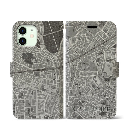 【けやき坂（東京都）】地図柄iPhoneケース（手帳タイプ）モノトーン・iPhone 12 mini 用
