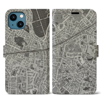 【けやき坂（東京都）】地図柄iPhoneケース（手帳タイプ）モノトーン・iPhone 13 用