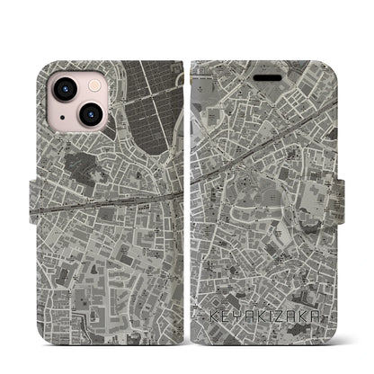 【けやき坂（東京都）】地図柄iPhoneケース（手帳タイプ）モノトーン・iPhone 13 mini 用