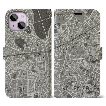 【けやき坂（東京都）】地図柄iPhoneケース（手帳タイプ）モノトーン・iPhone 14 用
