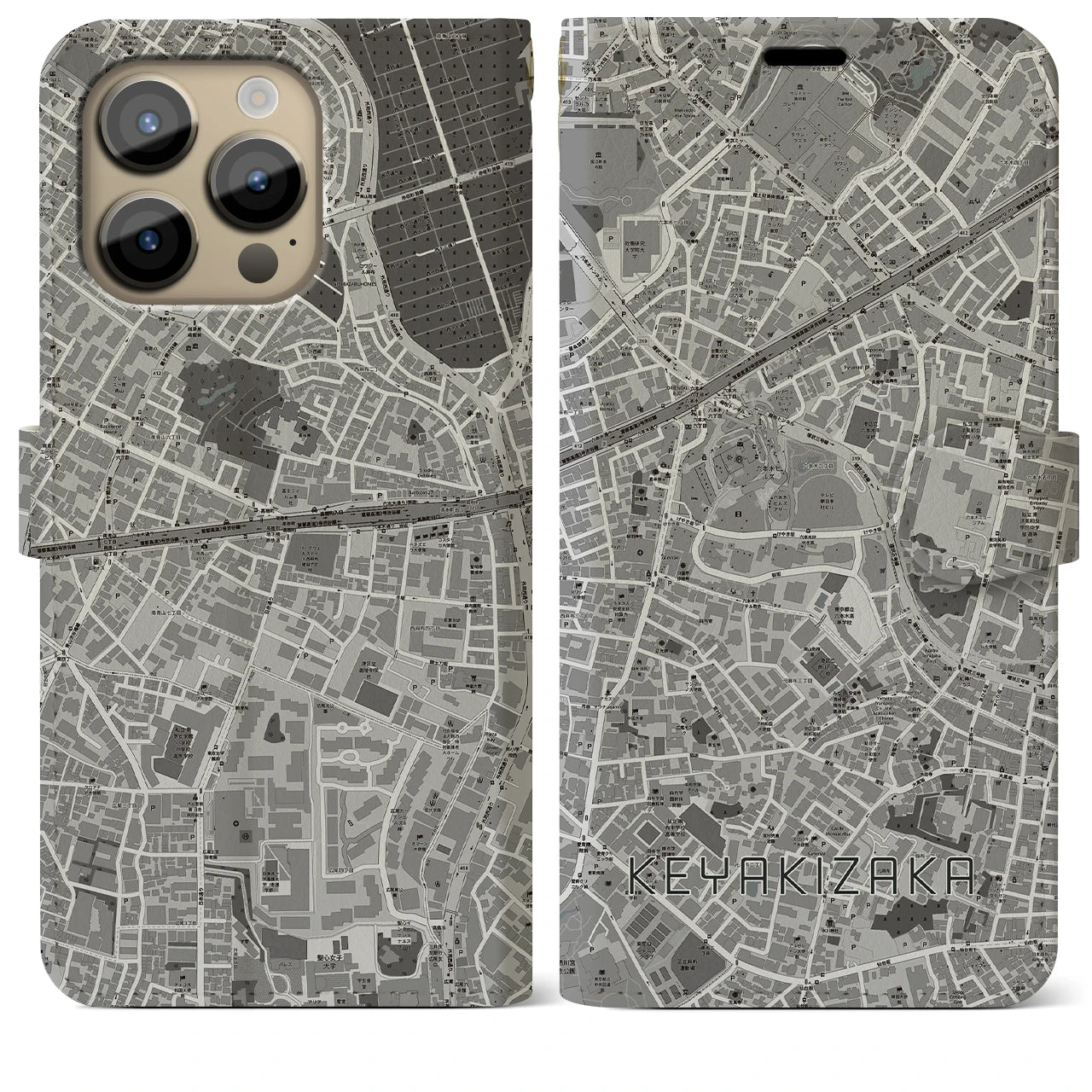 【けやき坂】地図柄iPhoneケース（手帳両面タイプ・モノトーン）iPhone 14 Pro Max 用