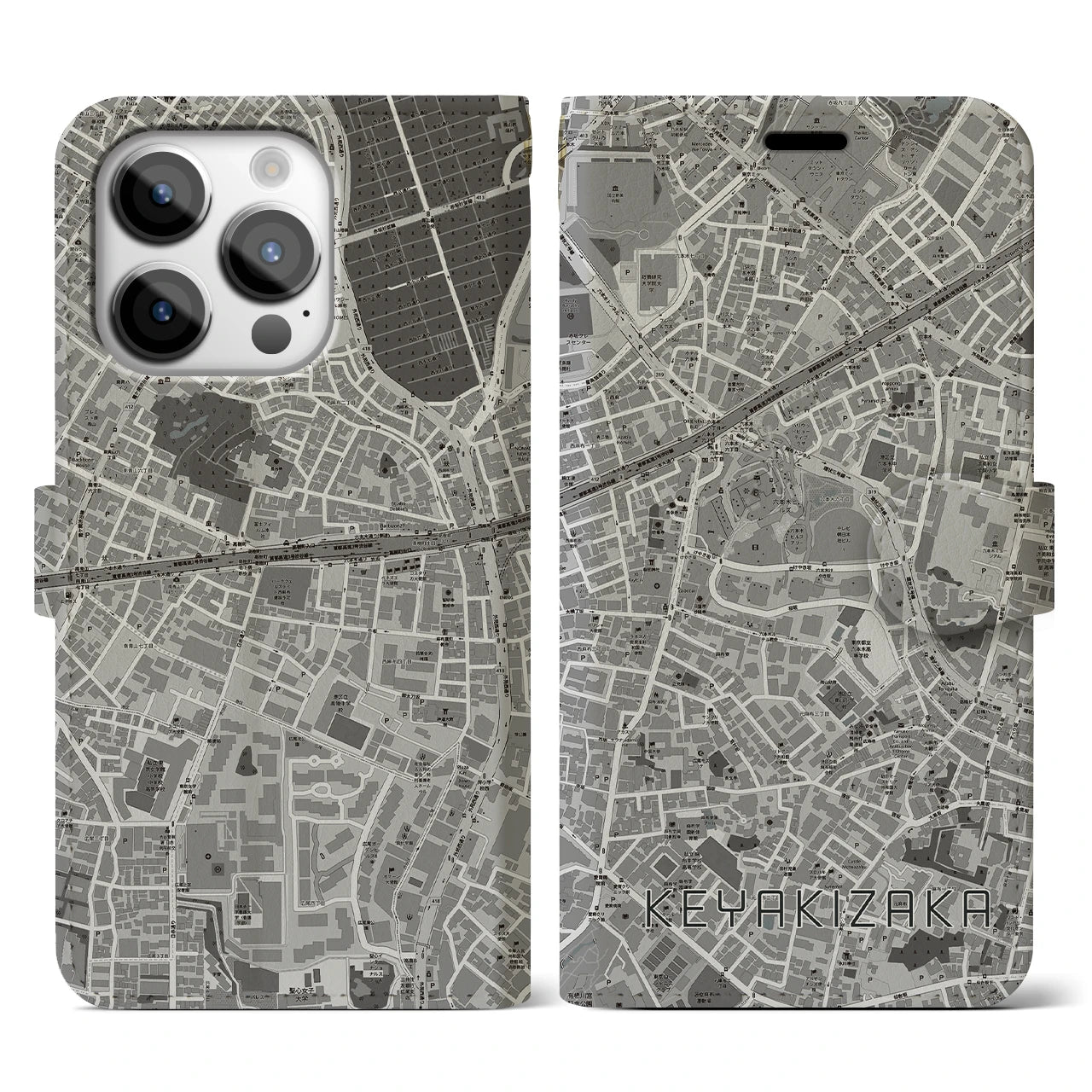 【けやき坂】地図柄iPhoneケース（手帳両面タイプ・モノトーン）iPhone 14 Pro 用