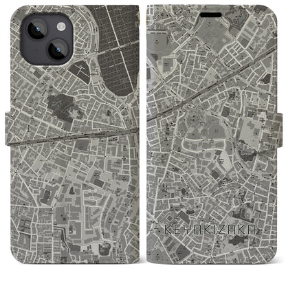 【けやき坂（東京都）】地図柄iPhoneケース（手帳タイプ）モノトーン・iPhone 14 Plus 用