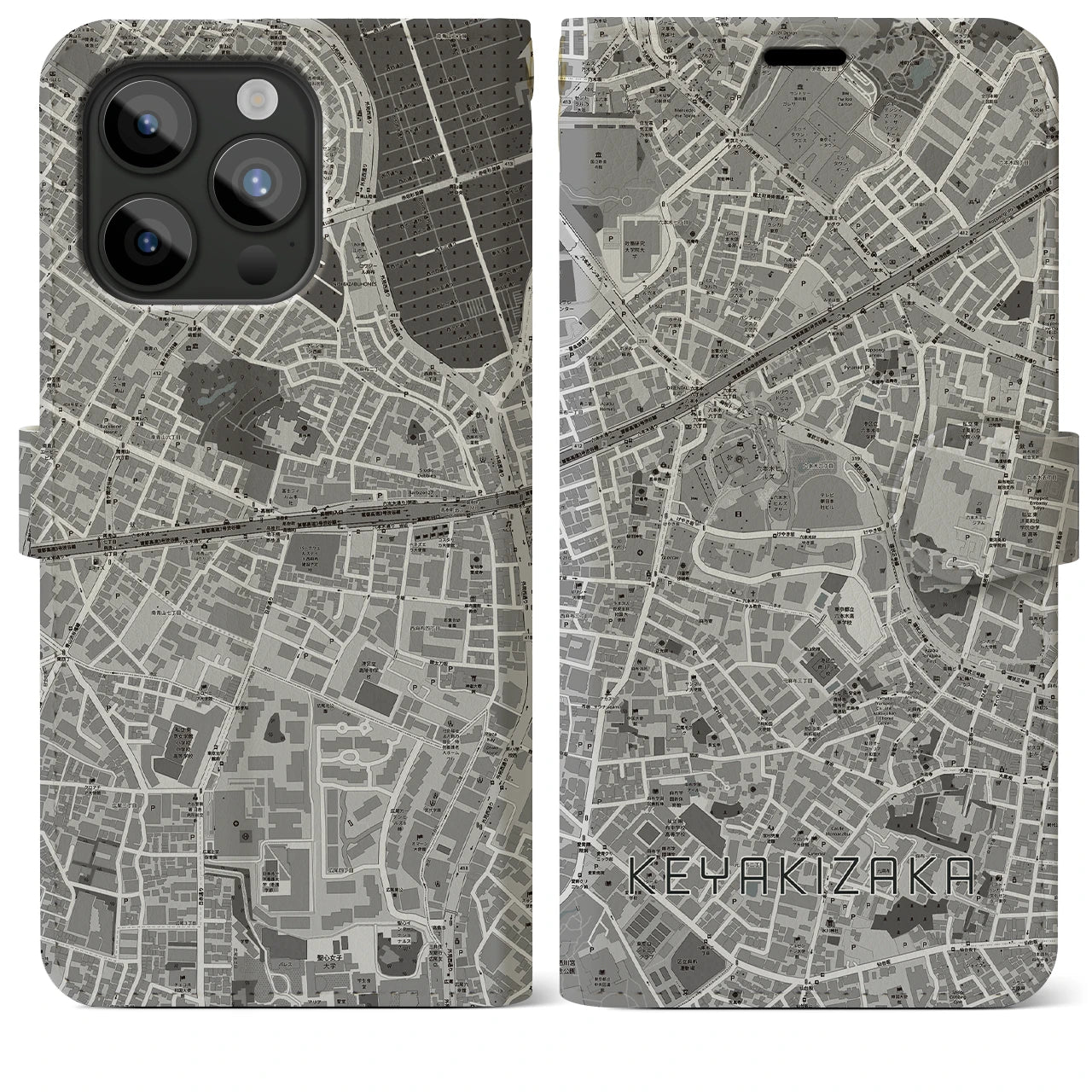 【けやき坂】地図柄iPhoneケース（手帳両面タイプ・モノトーン）iPhone 15 Pro Max 用