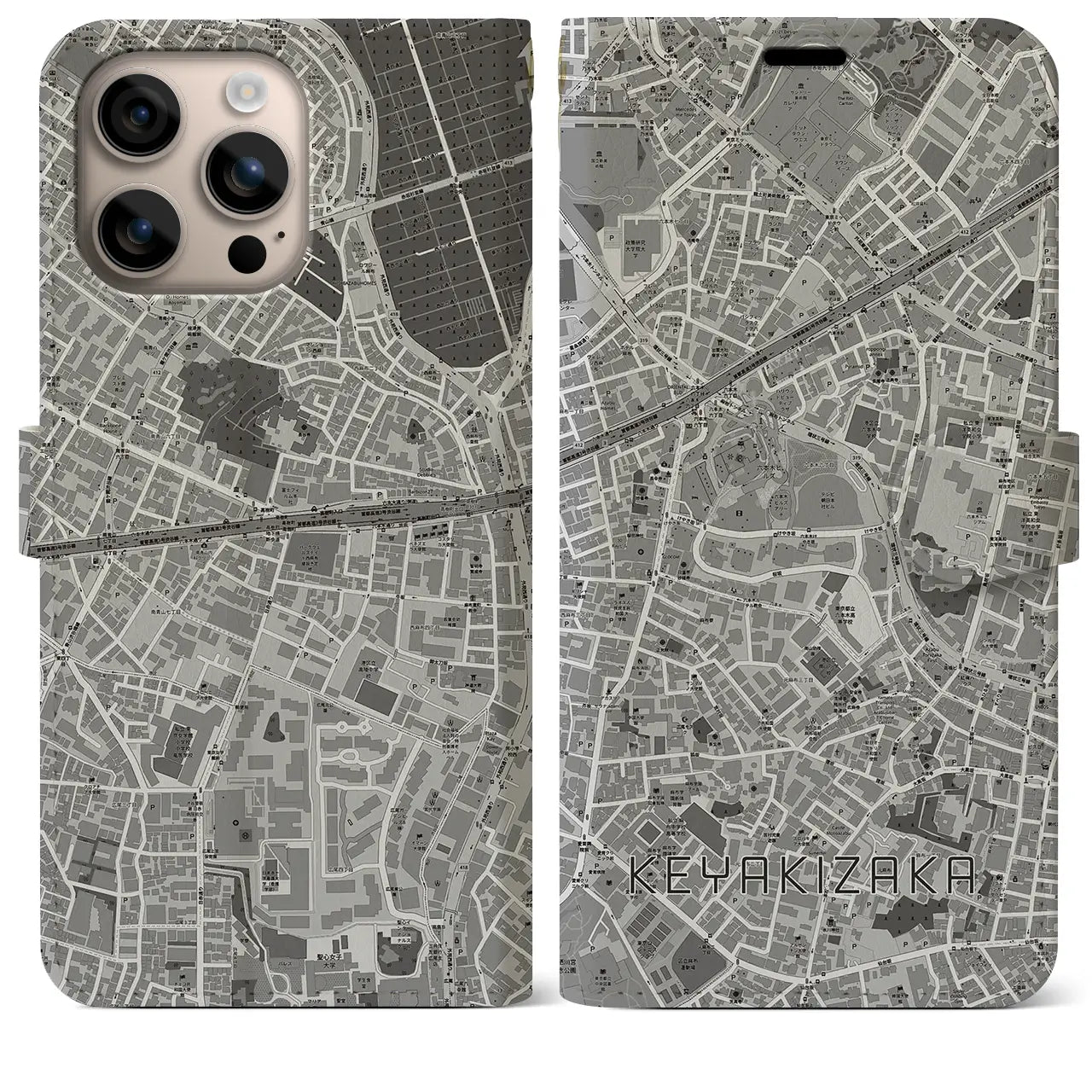 【けやき坂（東京都）】地図柄iPhoneケース（手帳タイプ）モノトーン・iPhone 16 Plus 用