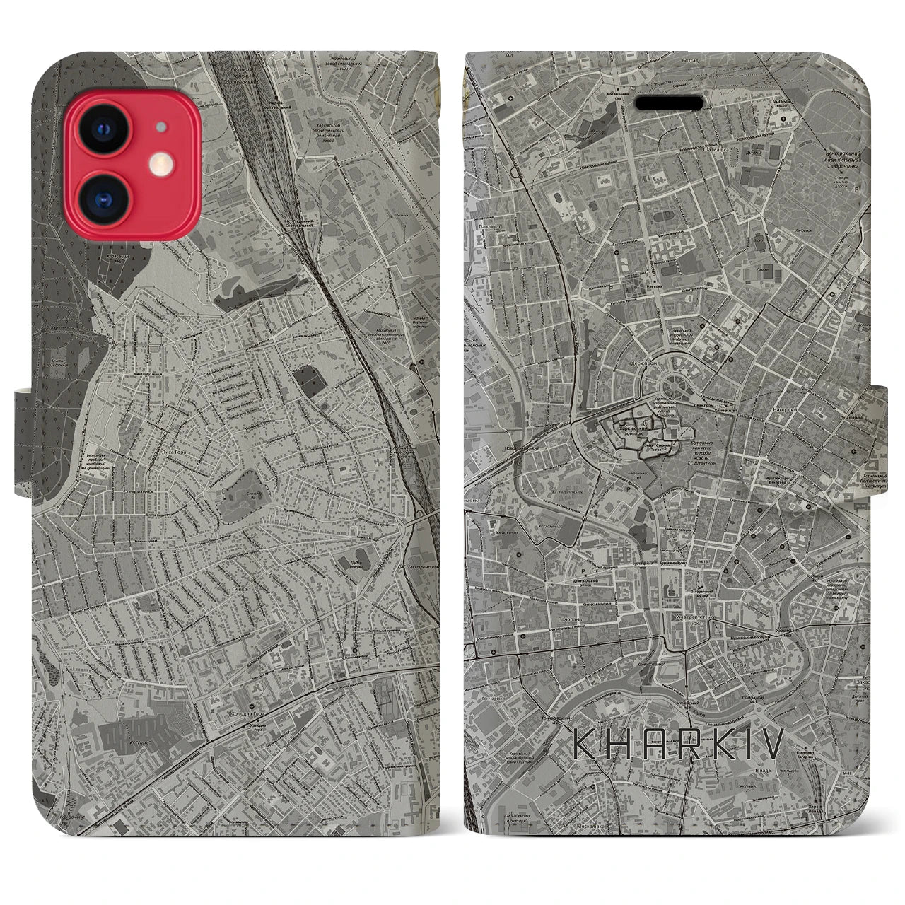 【ハルキウ（ウクライナ）】地図柄iPhoneケース（手帳タイプ）モノトーン・iPhone 11 用