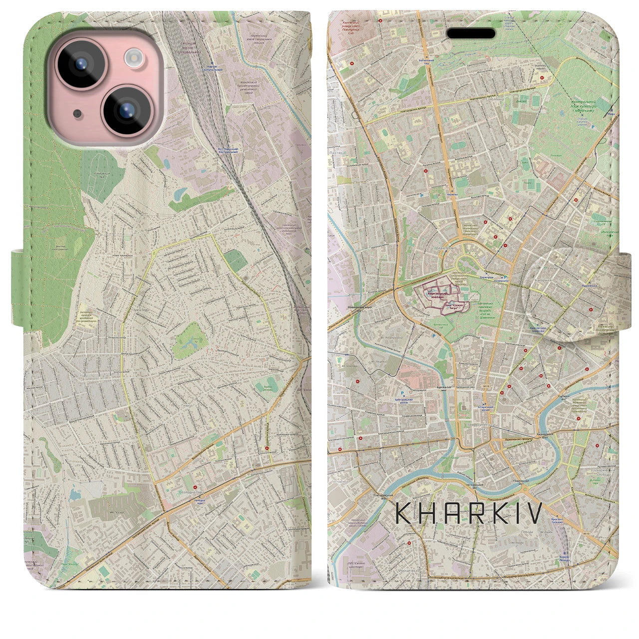 【ハルキウ（ウクライナ）】地図柄iPhoneケース（手帳タイプ）ナチュラル・iPhone 15 Plus 用