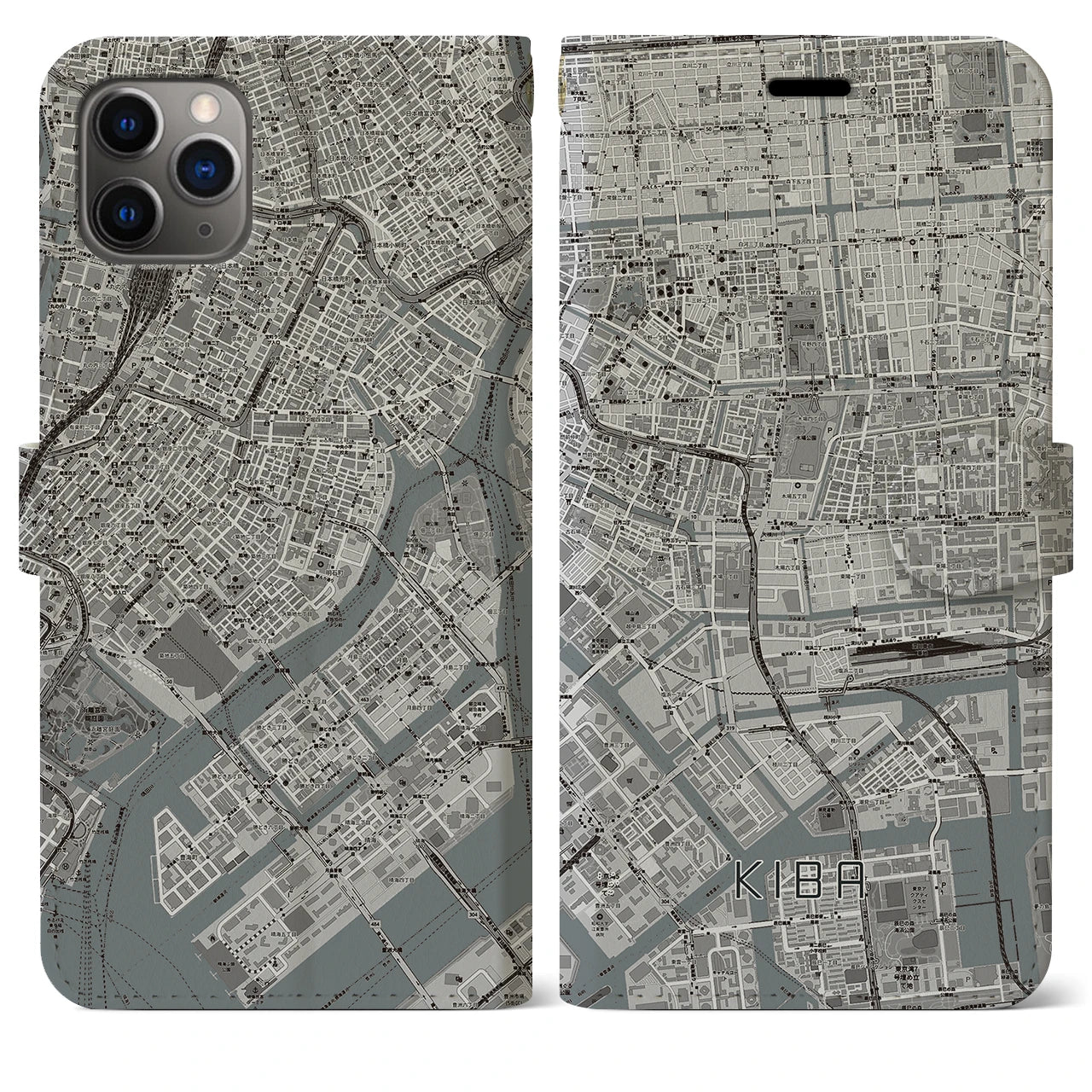 【木場】地図柄iPhoneケース（手帳両面タイプ・モノトーン）iPhone 11 Pro Max 用