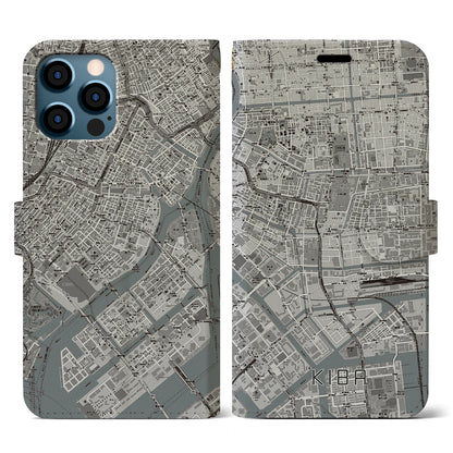 【木場（東京都）】地図柄iPhoneケース（手帳タイプ）モノトーン・iPhone 12 / 12 Pro 用