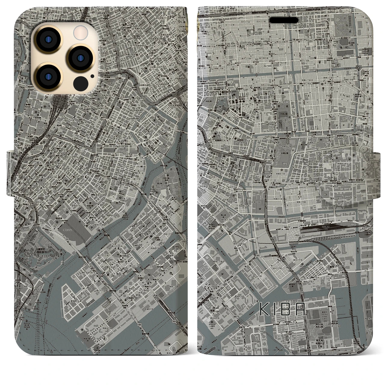 【木場】地図柄iPhoneケース（手帳両面タイプ・モノトーン）iPhone 12 Pro Max 用