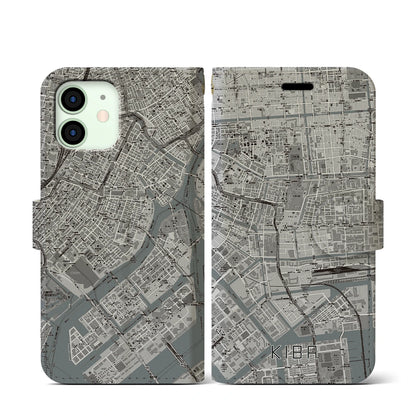 【木場（東京都）】地図柄iPhoneケース（手帳タイプ）モノトーン・iPhone 12 mini 用