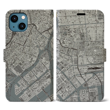 【木場（東京都）】地図柄iPhoneケース（手帳タイプ）モノトーン・iPhone 13 用