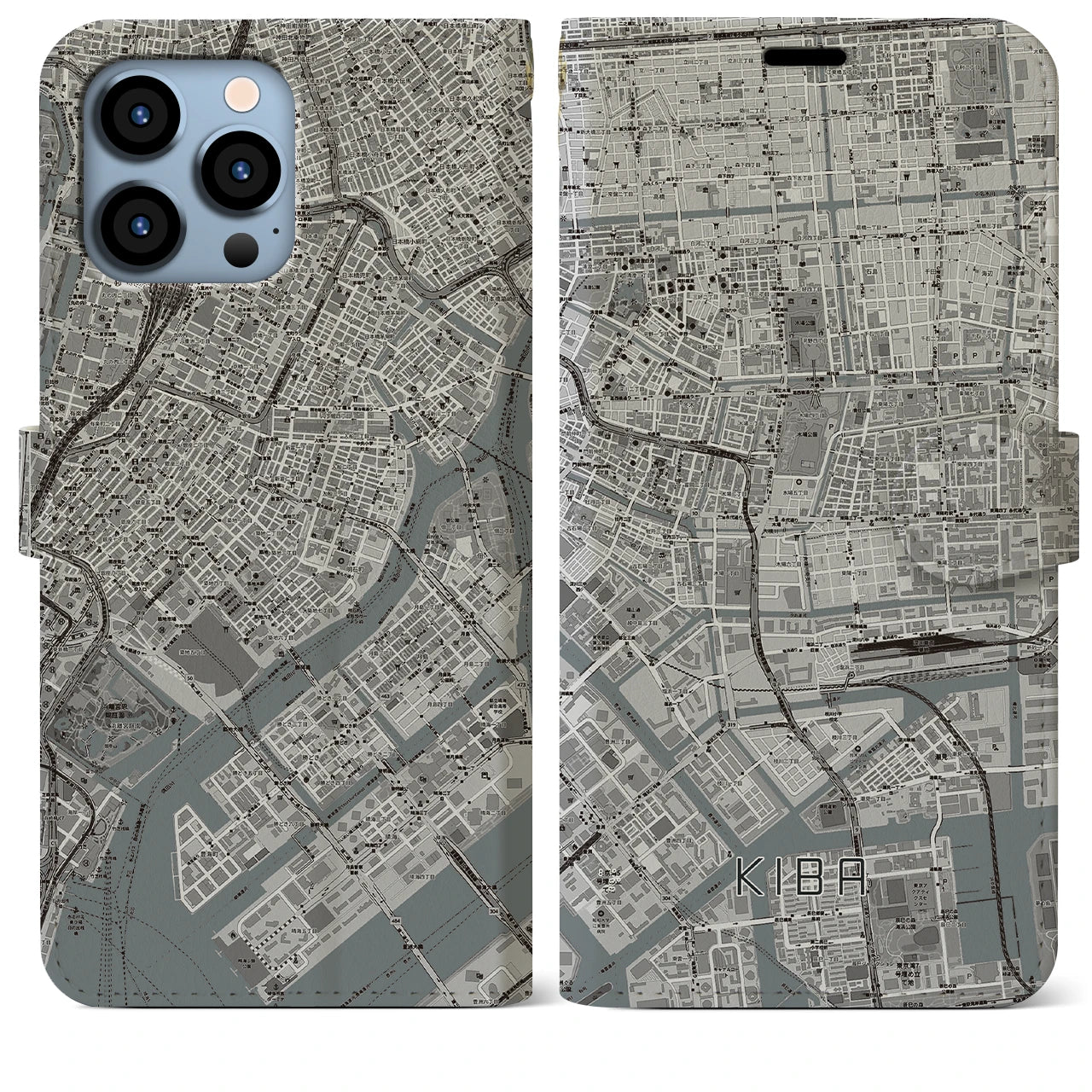 【木場】地図柄iPhoneケース（手帳両面タイプ・モノトーン）iPhone 13 Pro Max 用