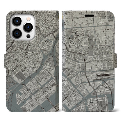 【木場（東京都）】地図柄iPhoneケース（手帳タイプ）モノトーン・iPhone 13 Pro 用