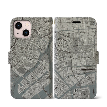 【木場（東京都）】地図柄iPhoneケース（手帳タイプ）モノトーン・iPhone 13 mini 用