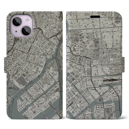 【木場（東京都）】地図柄iPhoneケース（手帳タイプ）モノトーン・iPhone 14 用