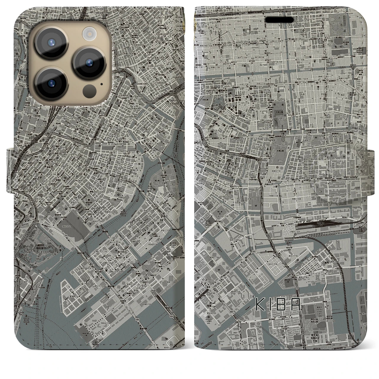 【木場】地図柄iPhoneケース（手帳両面タイプ・モノトーン）iPhone 14 Pro Max 用