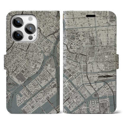 【木場（東京都）】地図柄iPhoneケース（手帳タイプ）モノトーン・iPhone 14 Pro 用