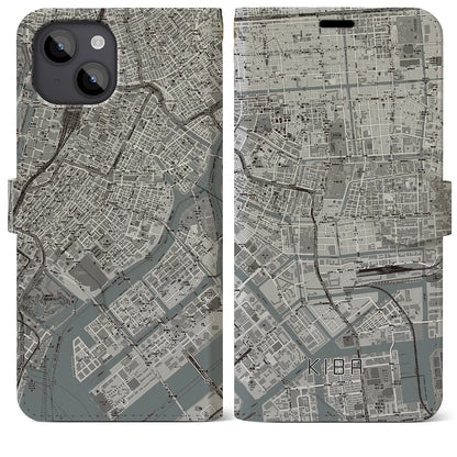 【木場（東京都）】地図柄iPhoneケース（手帳タイプ）モノトーン・iPhone 14 Plus 用