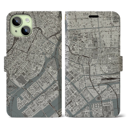 【木場（東京都）】地図柄iPhoneケース（手帳タイプ）モノトーン・iPhone 15 用