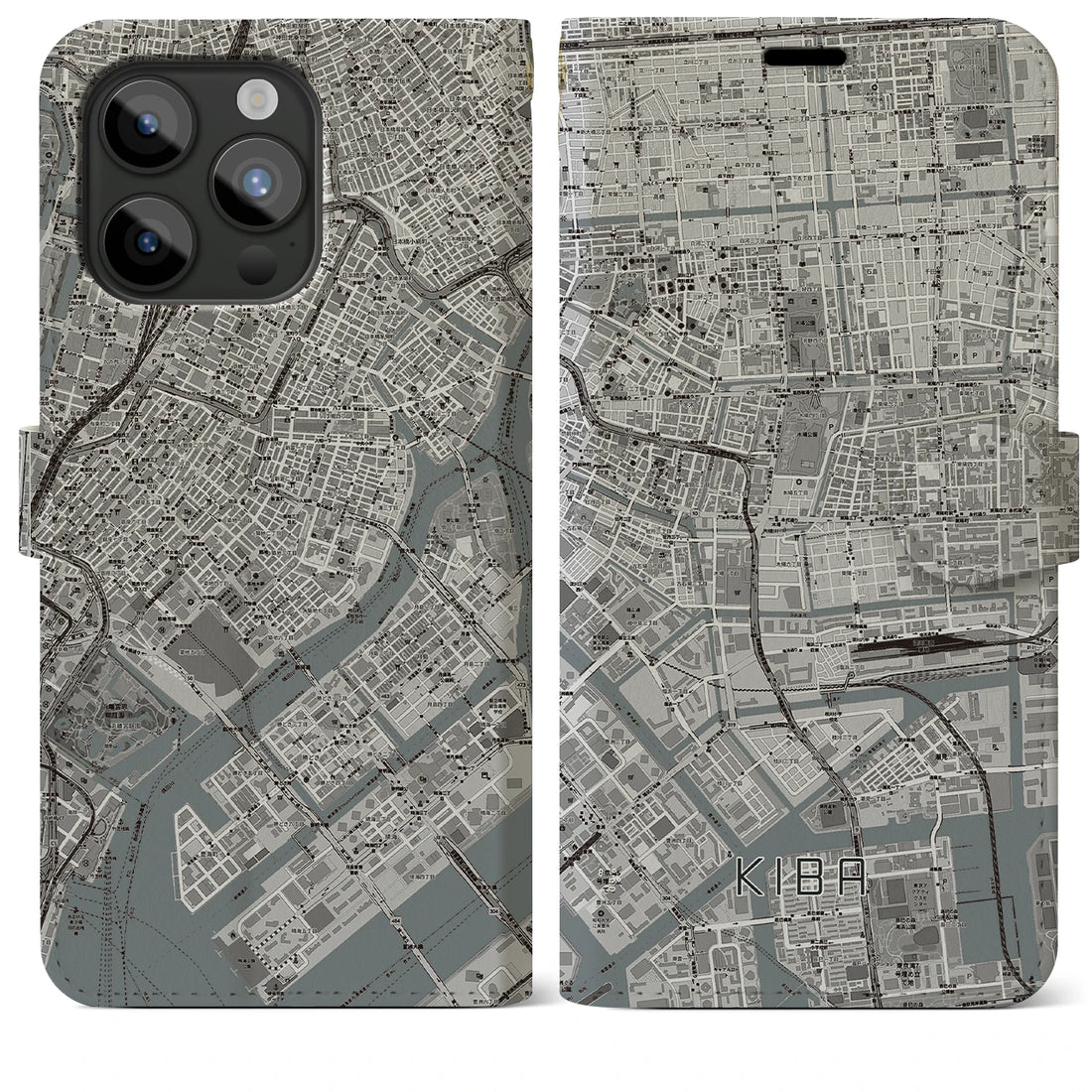 【木場】地図柄iPhoneケース（手帳両面タイプ・モノトーン）iPhone 15 Pro Max 用