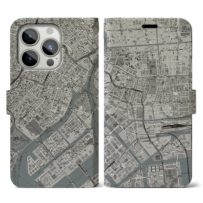 【木場（東京都）】地図柄iPhoneケース（手帳タイプ）モノトーン・iPhone 15 Pro 用