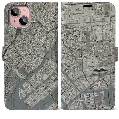 【木場（東京都）】地図柄iPhoneケース（手帳タイプ）モノトーン・iPhone 15 Plus 用