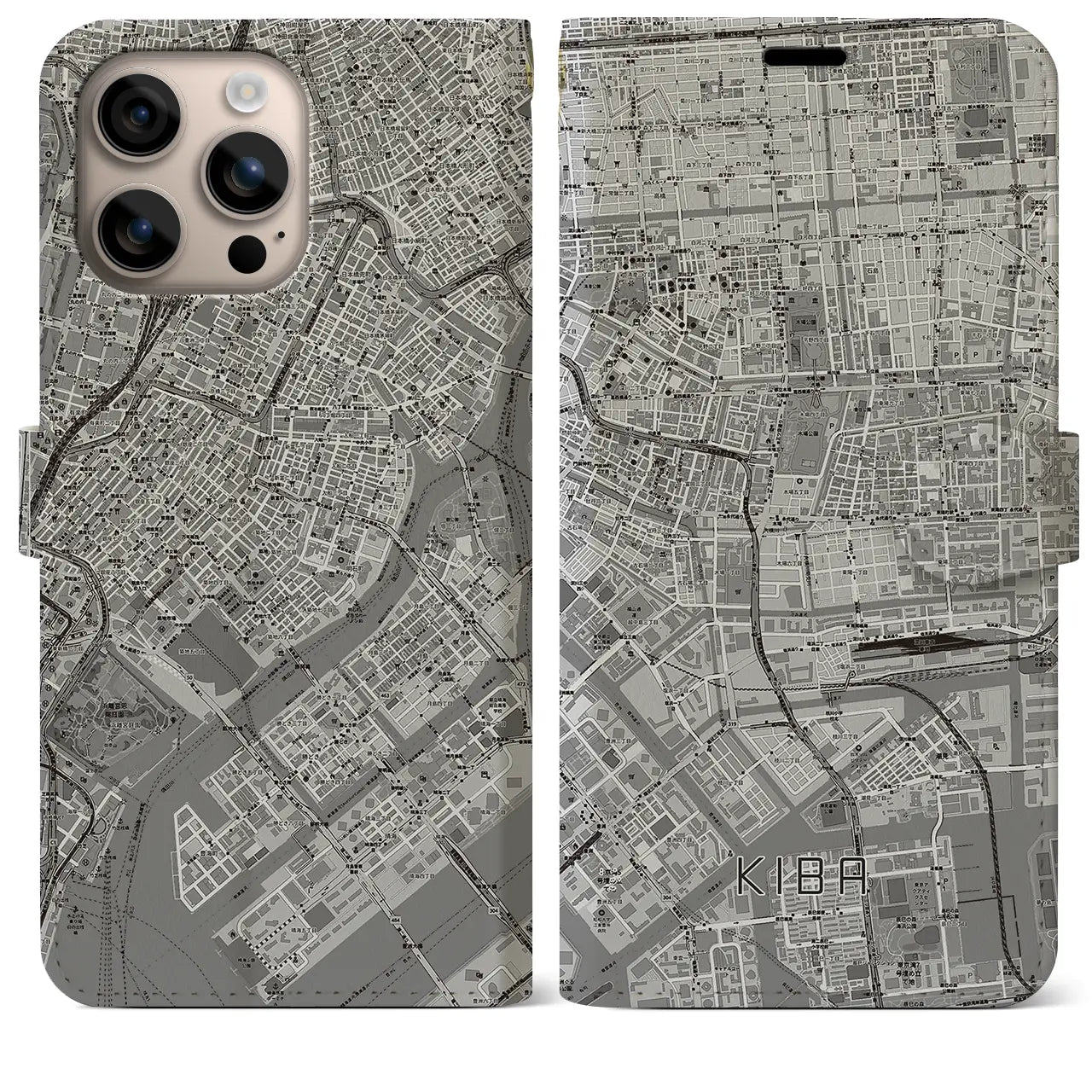 【木場（東京都）】地図柄iPhoneケース（手帳タイプ）モノトーン・iPhone 16 Plus 用